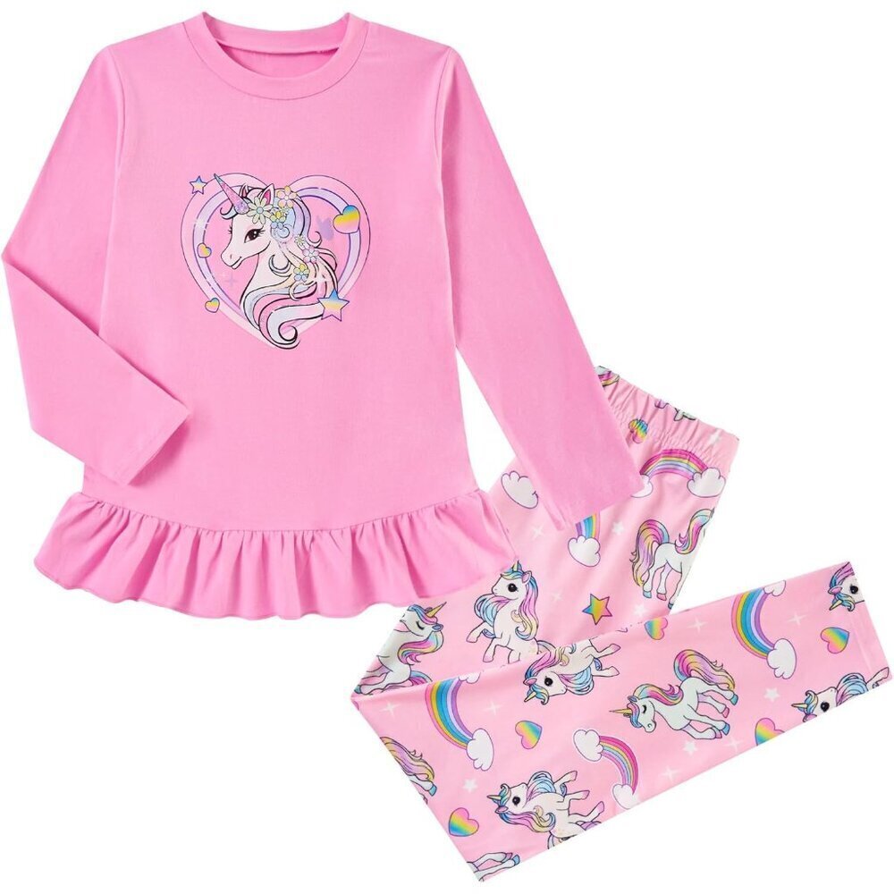Girls Outfit Size 3-7 Fall 2 Pcs Clothes Sets Long Sleeve Ruffle Hem Shirt Flora